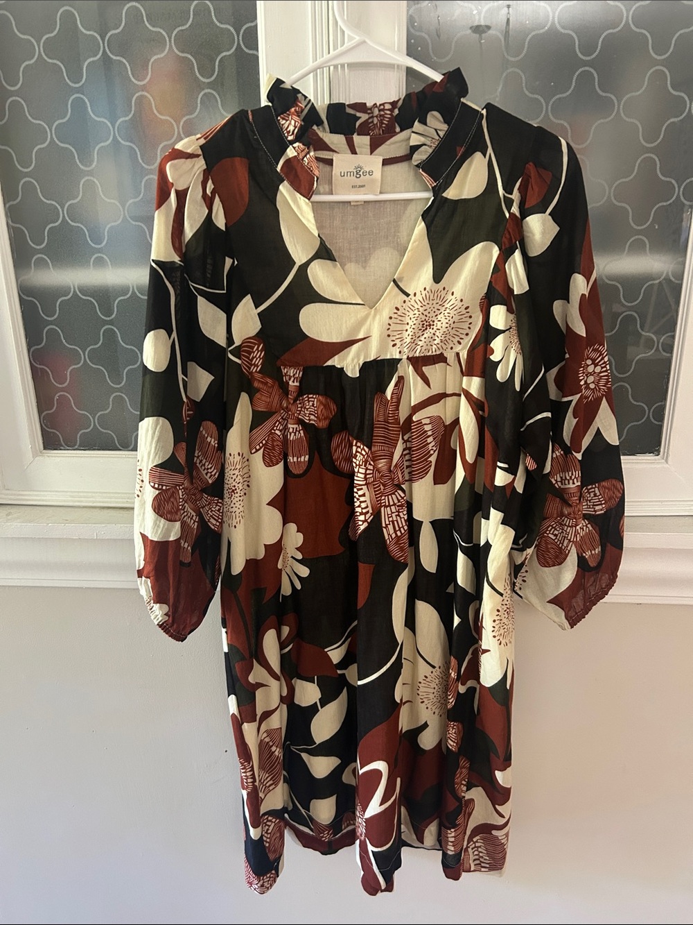 Umgee Black, Brown & Cream Floral V-Neck dress